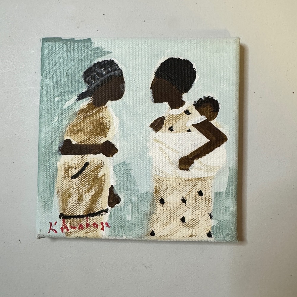 Original Folk Art Painting Mother and Child Small Square Canvas 6x6 Signed